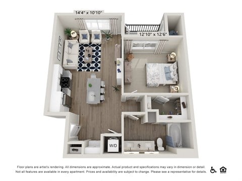 Floor plan for 1 bed, 1 bath, 770 sqft